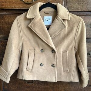 Zara Camel Double-Breasted cropped peacoat Jacket girls 8-9